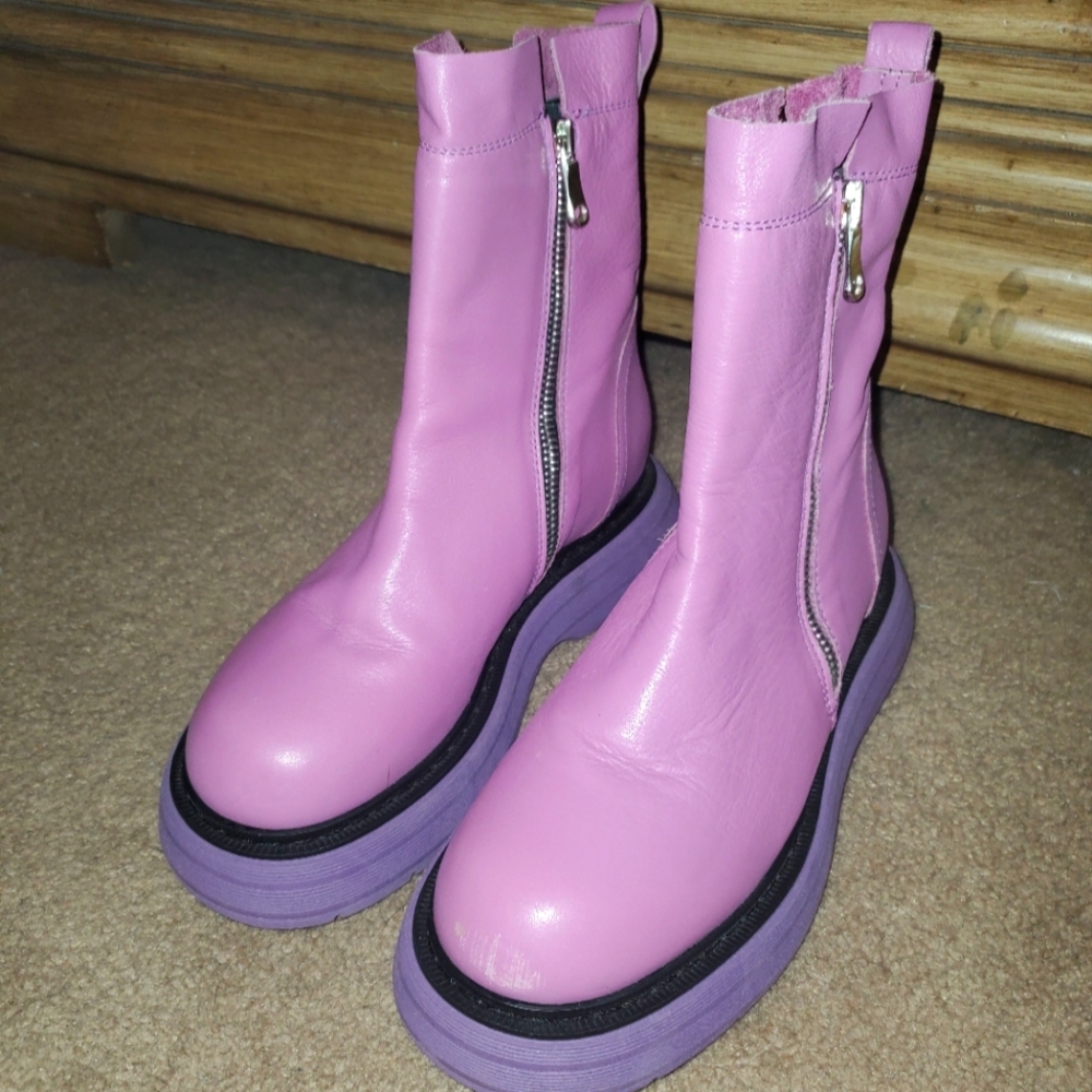 Free People 💜 Mara Purple Leather Platform Moto Ankle Boots, 5.5
